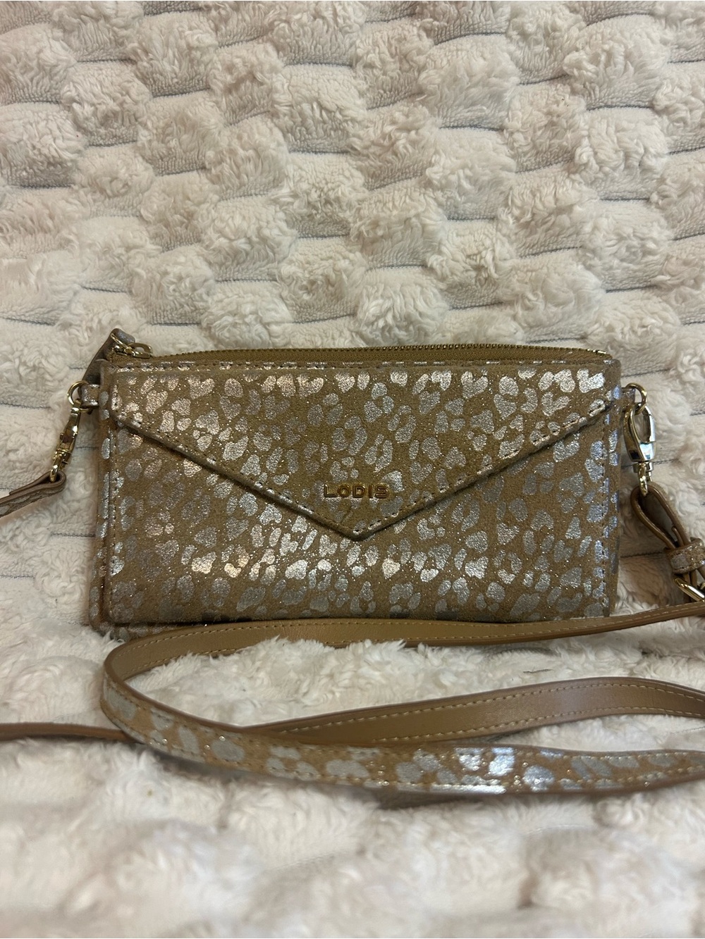 Lodis Metallic Leopard Print Leather Crossbody Wallet Clutch Gold Silver Animal